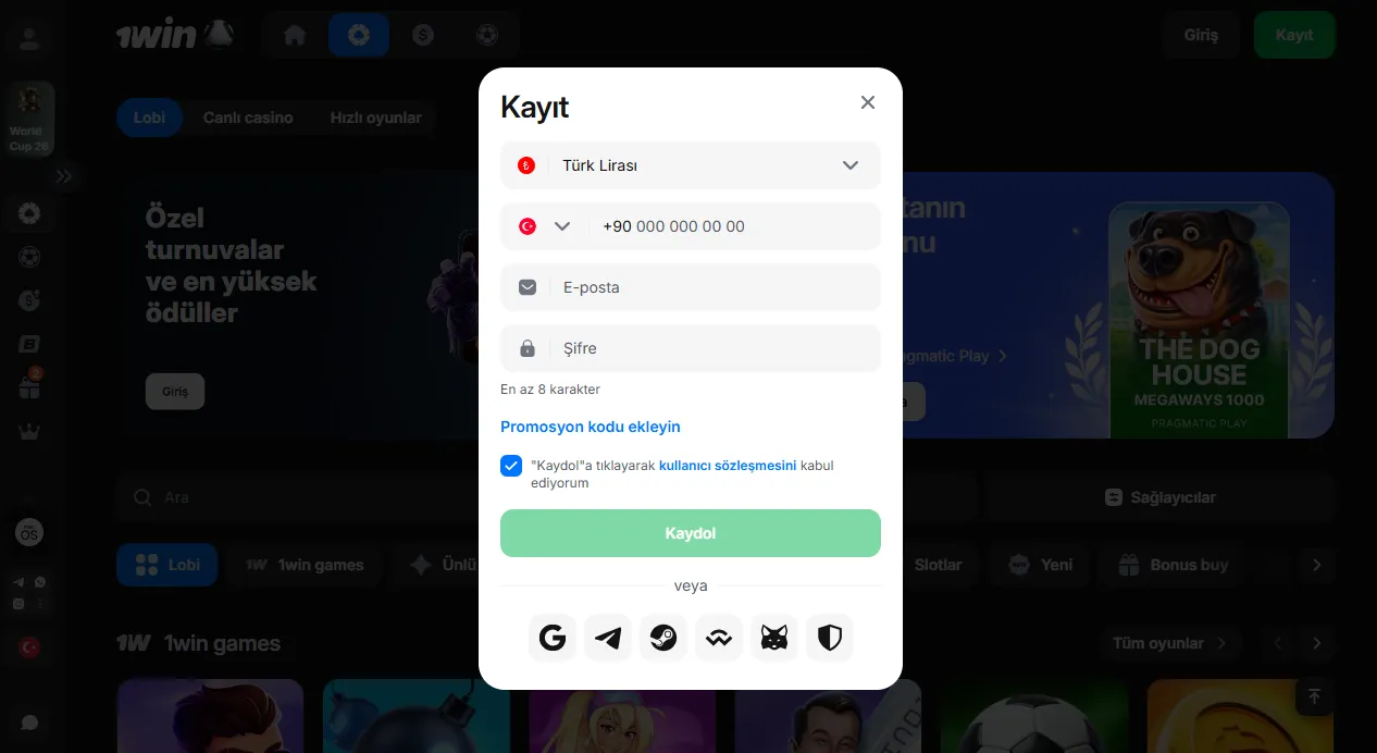 1win giriş için yeni hesap kayıt formu