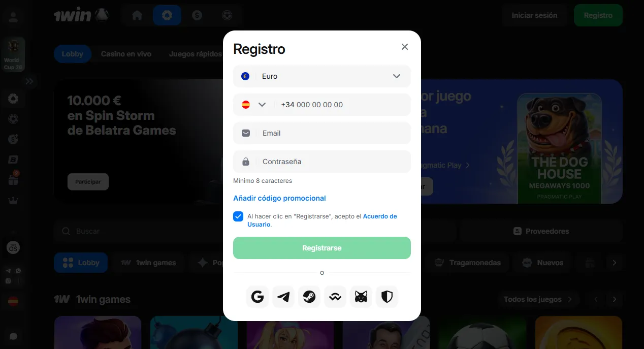 Formulario de registro paso a paso para crear cuenta en 1win