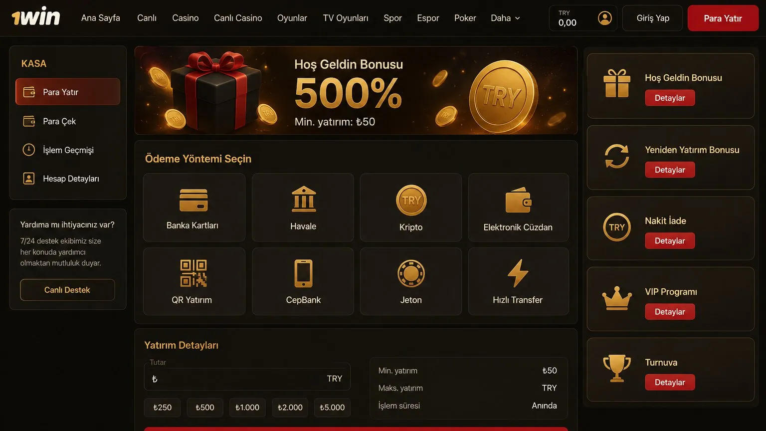 1win ödeme yöntemleri Papara, Havale ve kripto